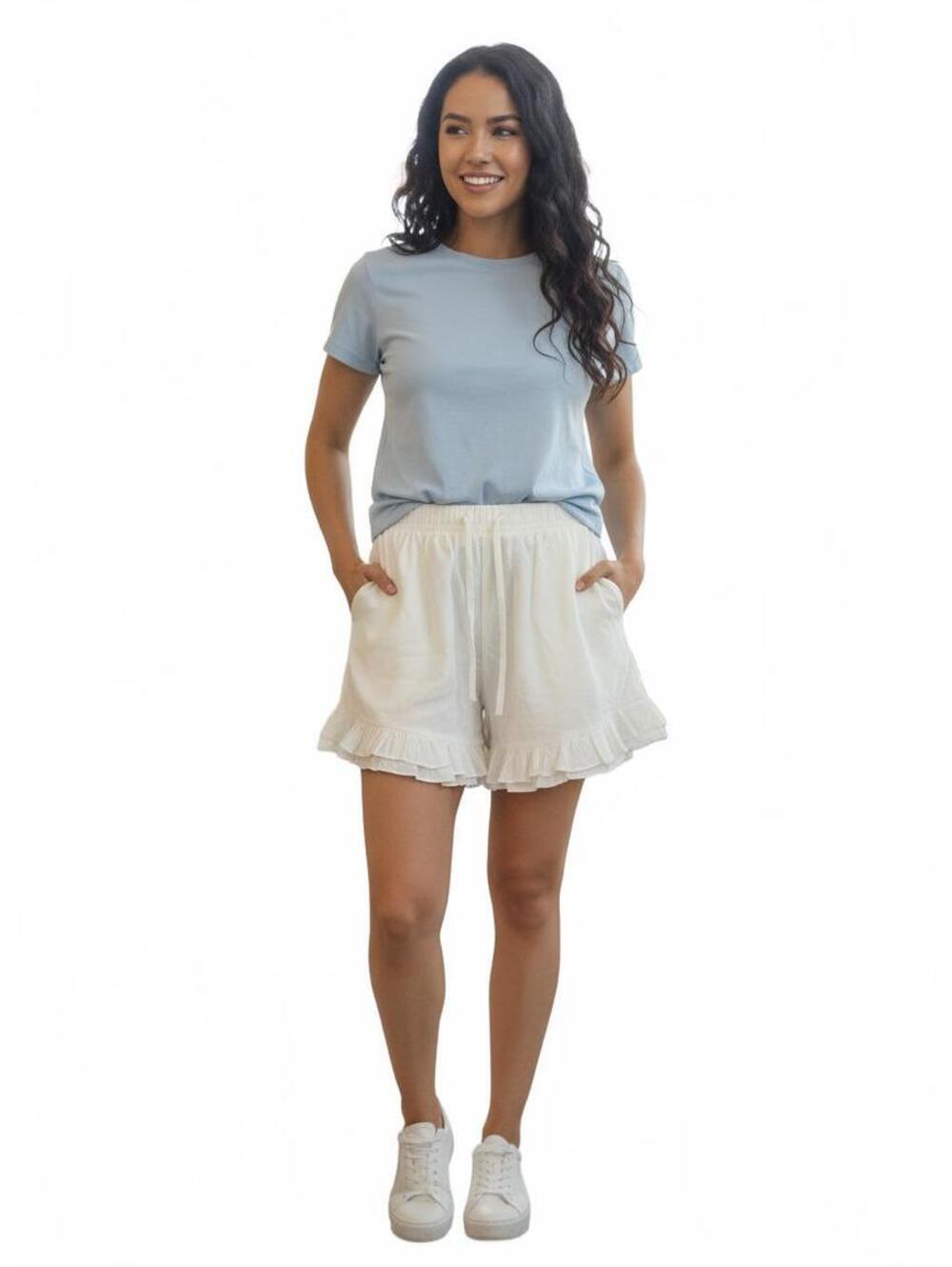 White Ruffle Hem Elastic Waist Shorts XL [COPY]